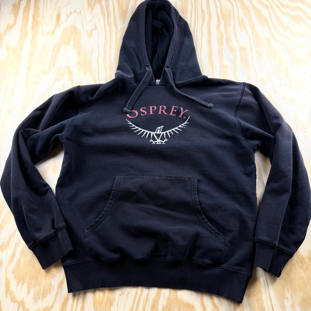 Osprey Graphic Hoodie Mens Small Black Organic Cotton Pullover Sweatshirt